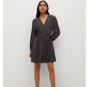 MANGO Womens Dress Africa in Black Size 10 Flowy Printed Surplice V Neck Flounce